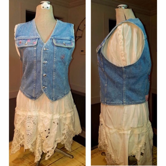 Hand Embroidered Evil Eye Denim Vest Boho Hippie - Picture 5 of 8